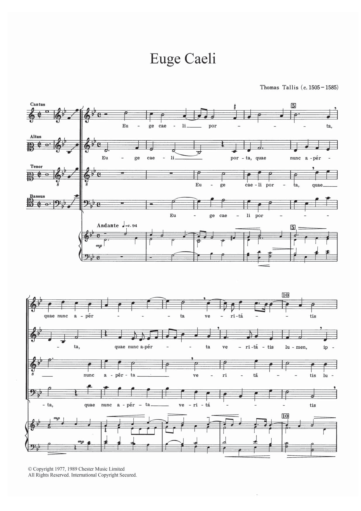 Thomas Tallis Euge Caeli Sheet Music Notes & Chords for SATB - Download or Print PDF