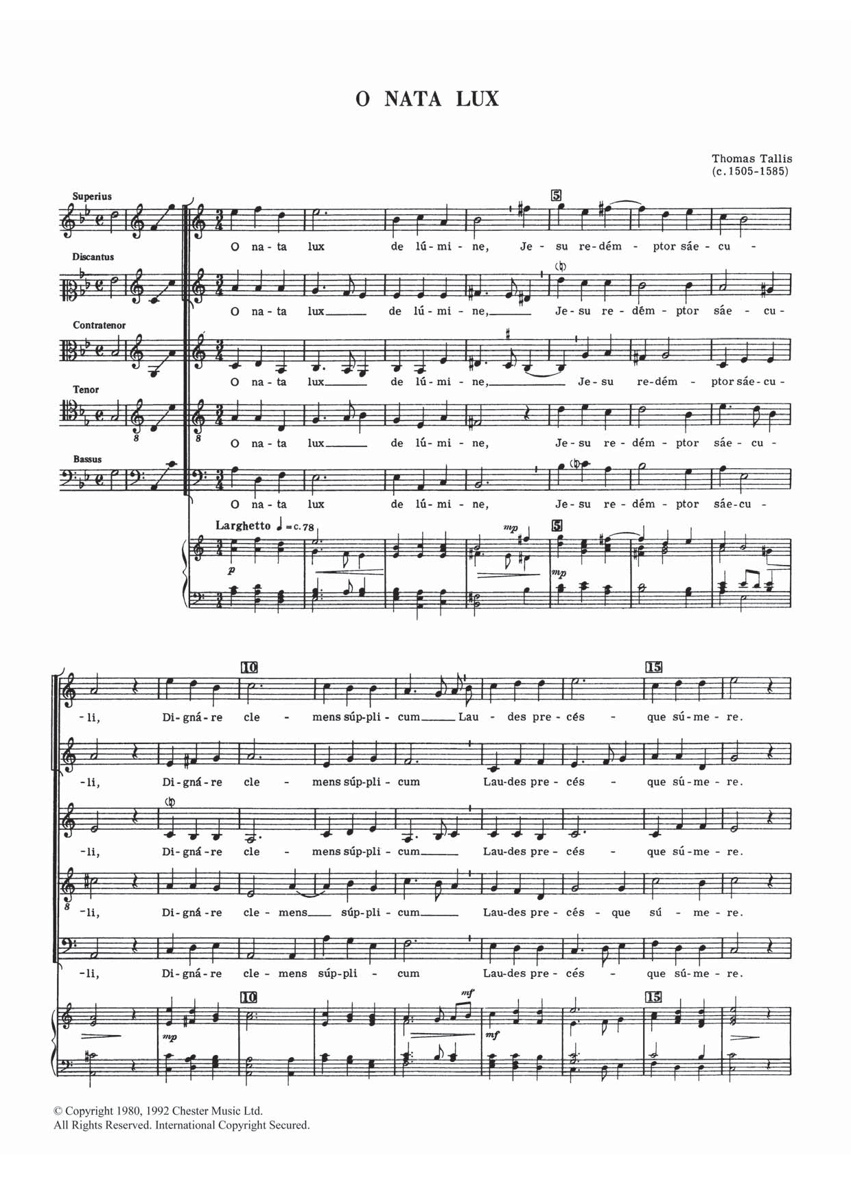 Thomas Tallis O Nata Lux Sheet Music Notes & Chords for Choral SSATB - Download or Print PDF