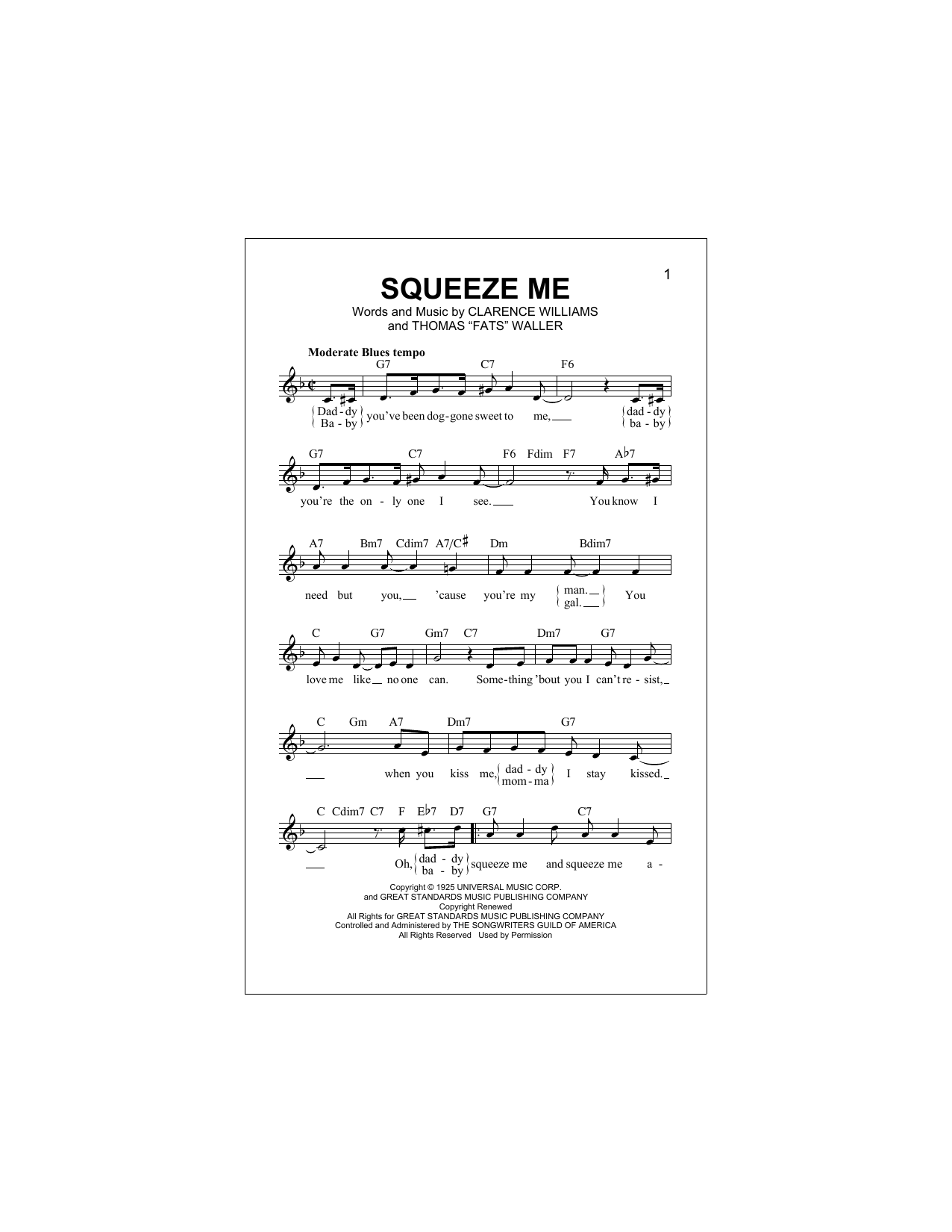 Thomas Waller Squeeze Me Sheet Music Notes & Chords for Melody Line, Lyrics & Chords - Download or Print PDF