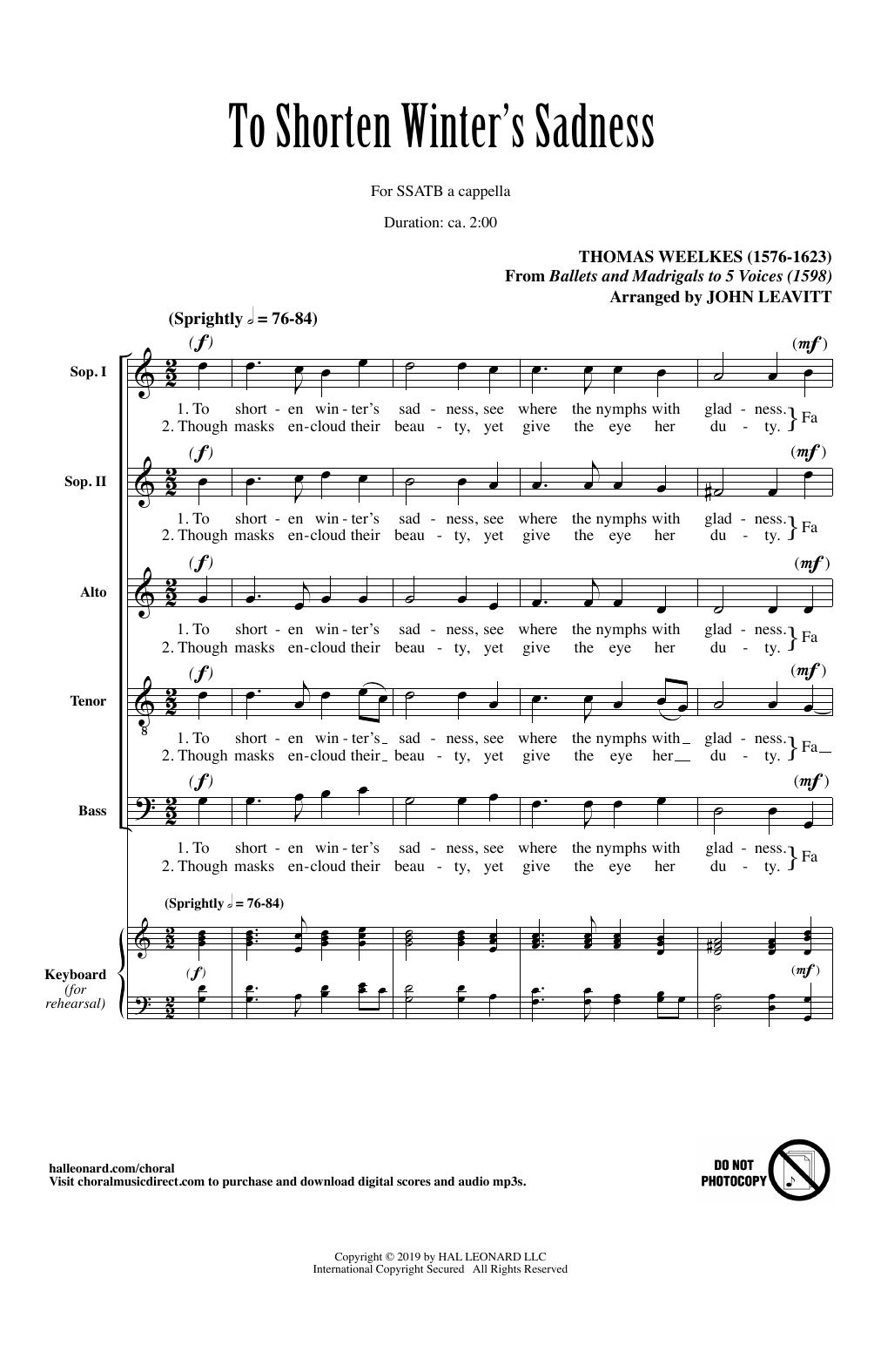 Thomas Weelkes To Shorten Winter's Sadness (arr. John Leavitt) Sheet Music Notes & Chords for SATB Choir - Download or Print PDF