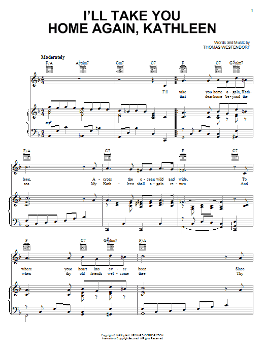 Thomas Westendorf I'll Take You Home Again, Kathleen Sheet Music Notes & Chords for Piano, Vocal & Guitar (Right-Hand Melody) - Download or Print PDF