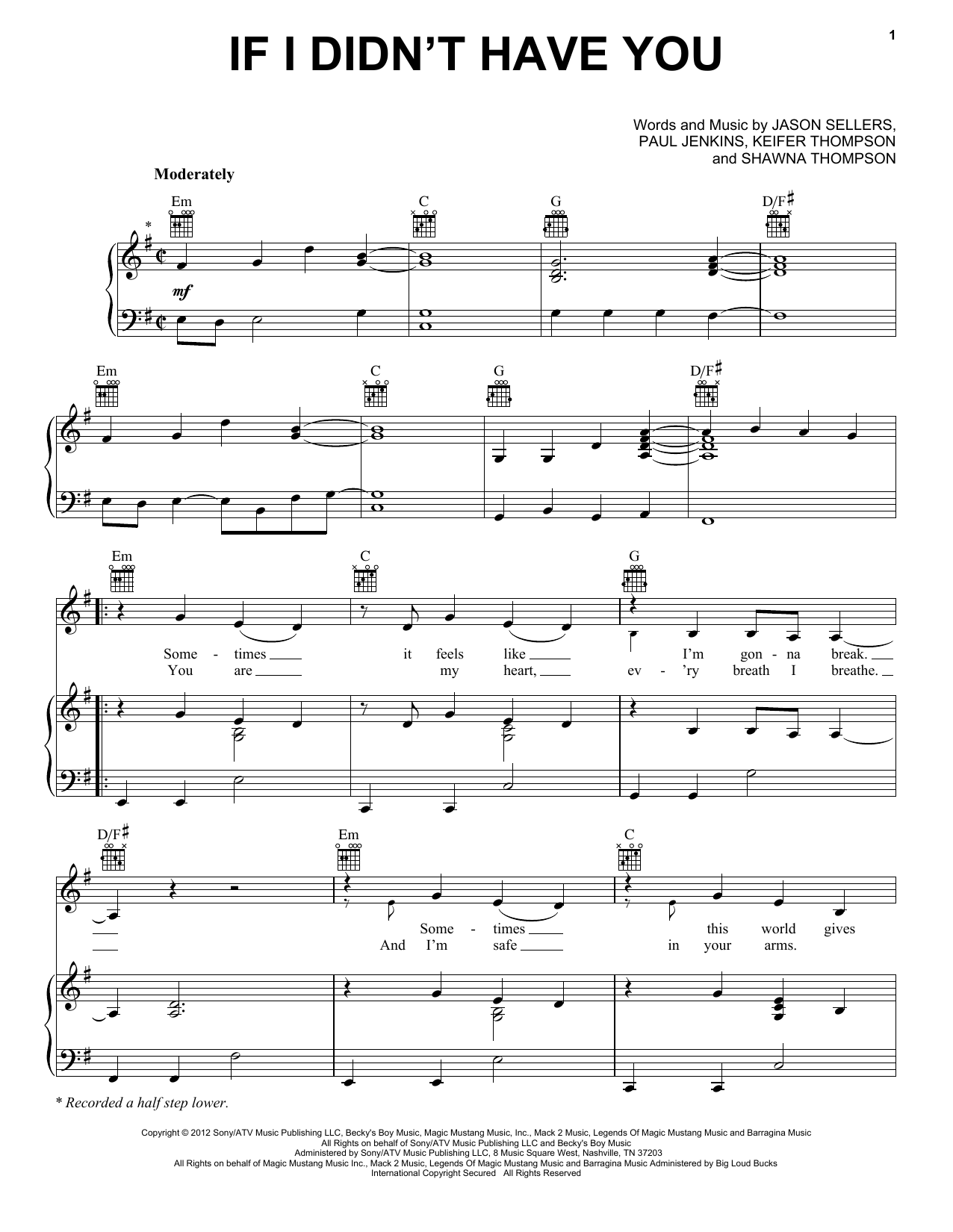 Thompson Square If I Didn't Have You Sheet Music Notes & Chords for Piano, Vocal & Guitar (Right-Hand Melody) - Download or Print PDF
