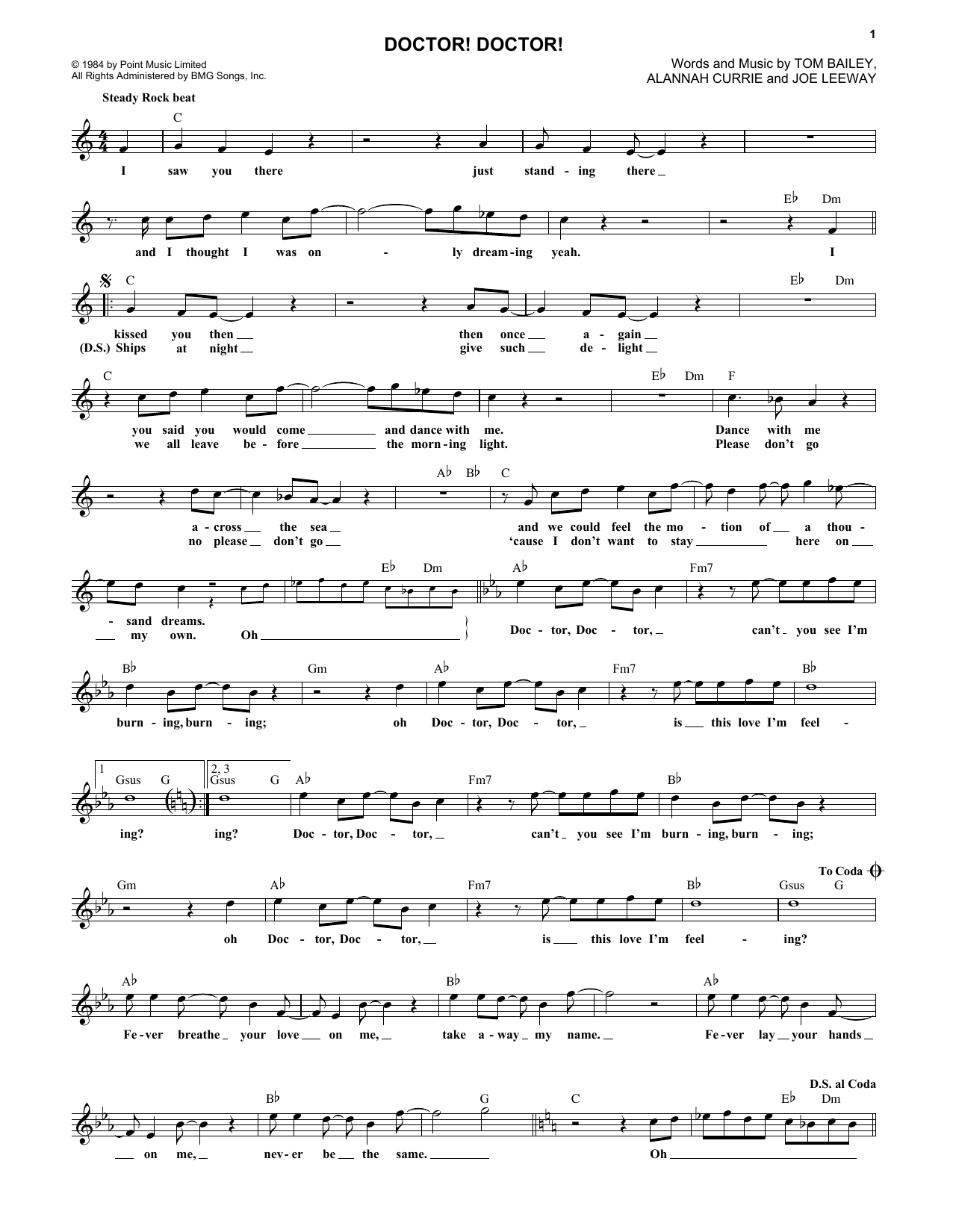 Thompson Twins Doctor! Doctor! Sheet Music Notes & Chords for Piano, Vocal & Guitar Chords (Right-Hand Melody) - Download or Print PDF