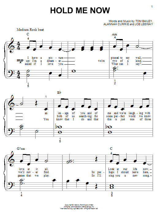 Thompson Twins Hold Me Now Sheet Music Notes & Chords for Piano (Big Notes) - Download or Print PDF