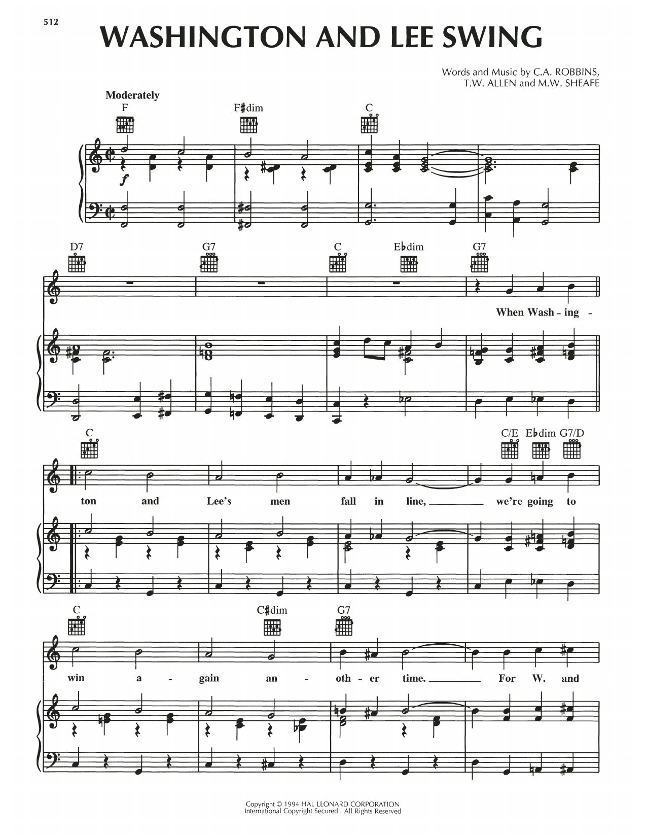 Thornton W. Allen Washington And Lee Swing Sheet Music Notes & Chords for Piano, Vocal & Guitar Chords (Right-Hand Melody) - Download or Print PDF