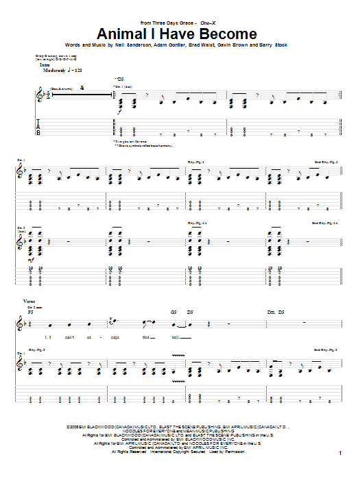 Three Days Grace Animal I Have Become Sheet Music Notes & Chords for Bass Guitar Tab - Download or Print PDF