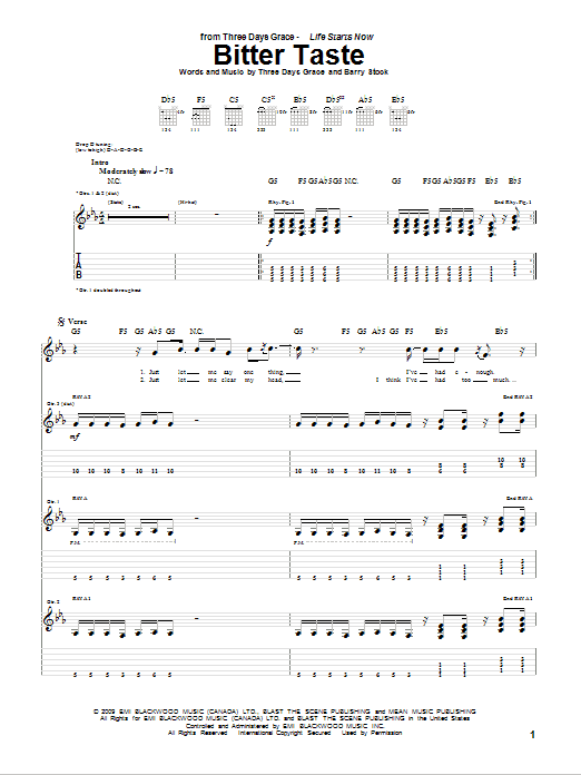 Three Days Grace Bitter Taste Sheet Music Notes & Chords for Guitar Tab - Download or Print PDF