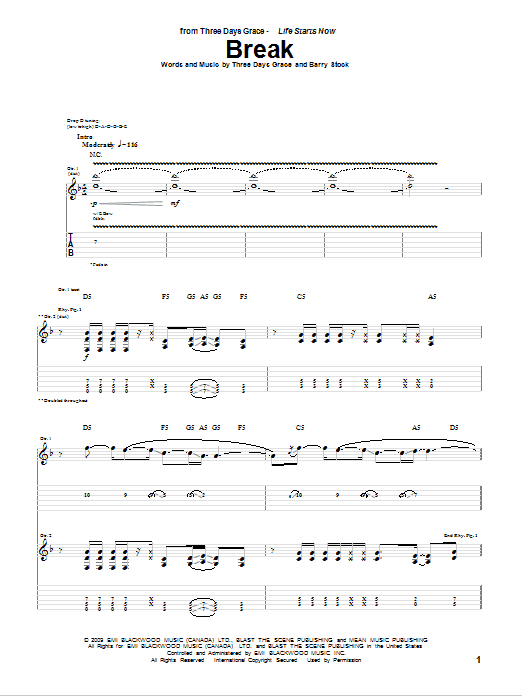 Three Days Grace Break Sheet Music Notes & Chords for Guitar Tab - Download or Print PDF