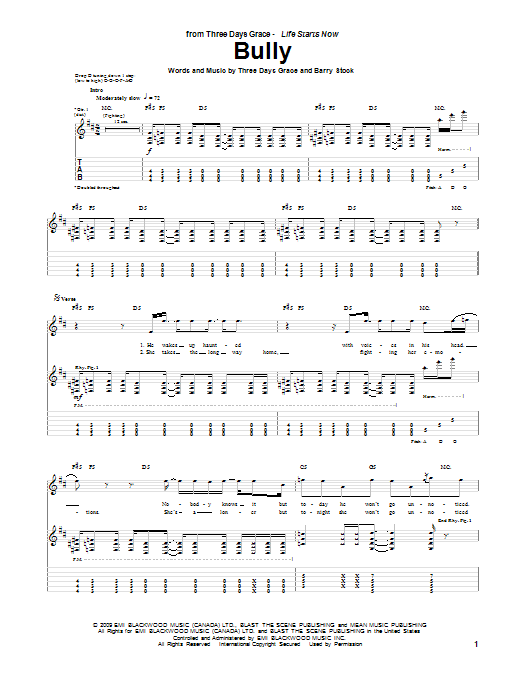 Three Days Grace Bully Sheet Music Notes & Chords for Guitar Tab - Download or Print PDF