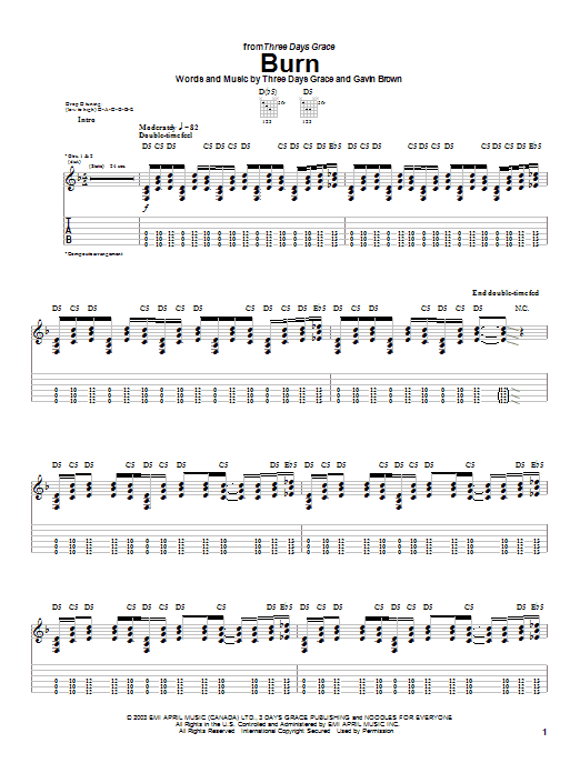 Three Days Grace Burn Sheet Music Notes & Chords for Guitar Tab - Download or Print PDF