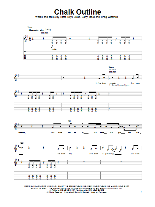 Three Days Grace Chalk Outline Sheet Music Notes & Chords for Guitar Tab Play-Along - Download or Print PDF