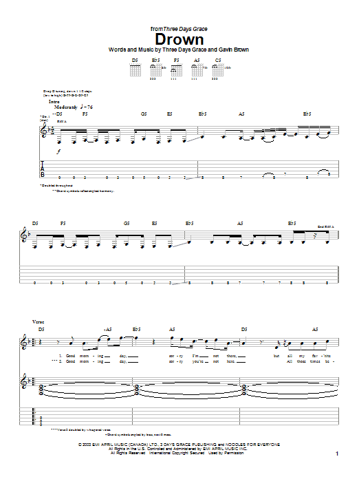 Three Days Grace Drown Sheet Music Notes & Chords for Guitar Tab - Download or Print PDF