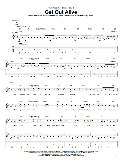 Three Days Grace Get Out Alive Sheet Music Notes & Chords for Guitar Tab - Download or Print PDF