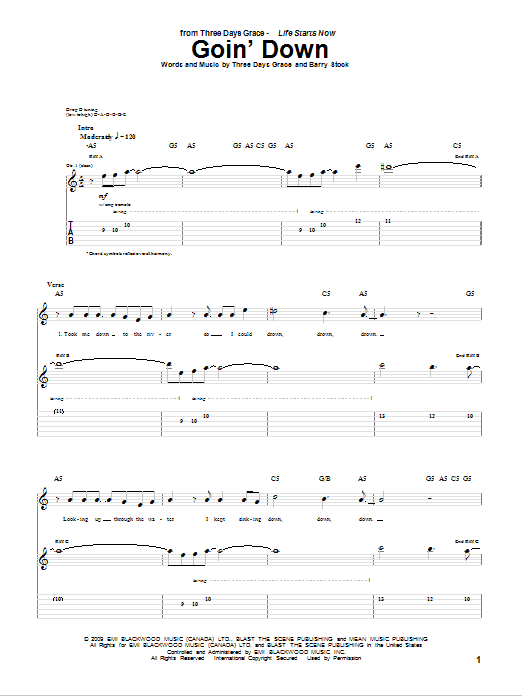 Three Days Grace Goin' Down Sheet Music Notes & Chords for Guitar Tab - Download or Print PDF