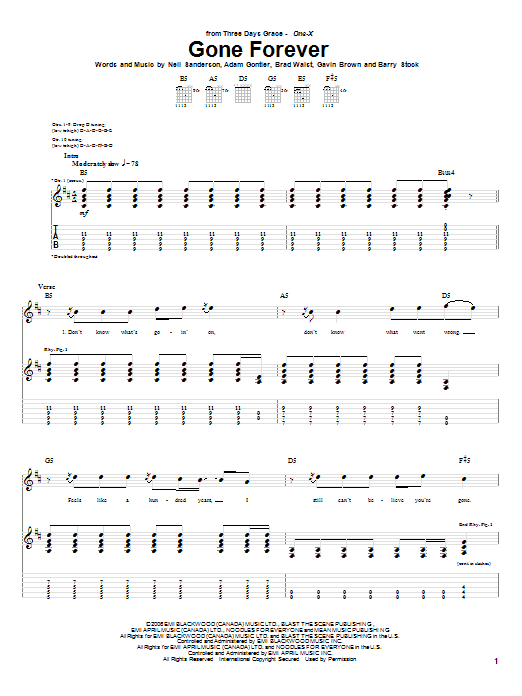 Three Days Grace Gone Forever Sheet Music Notes & Chords for Guitar Tab - Download or Print PDF