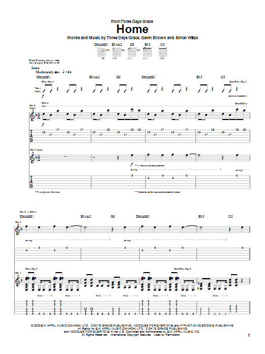 Three Days Grace Home Sheet Music Notes & Chords for Guitar Tab - Download or Print PDF