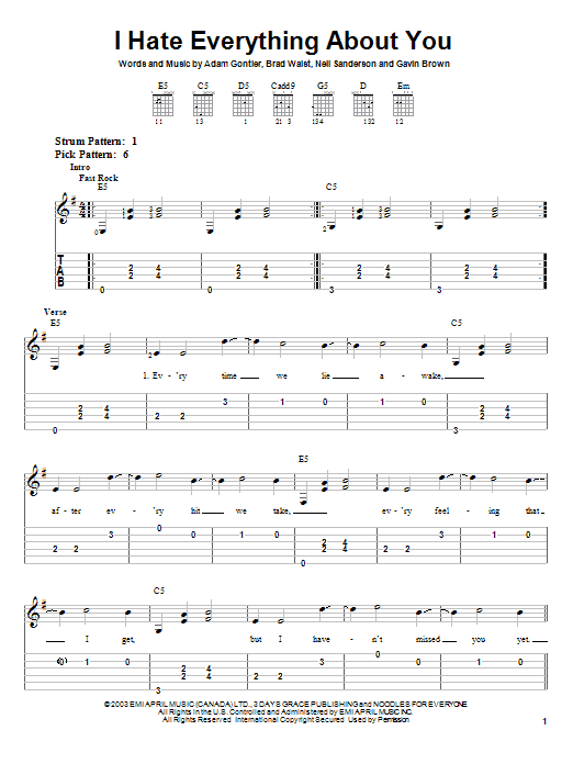Three Days Grace I Hate Everything About You Sheet Music Notes & Chords for Easy Guitar - Download or Print PDF