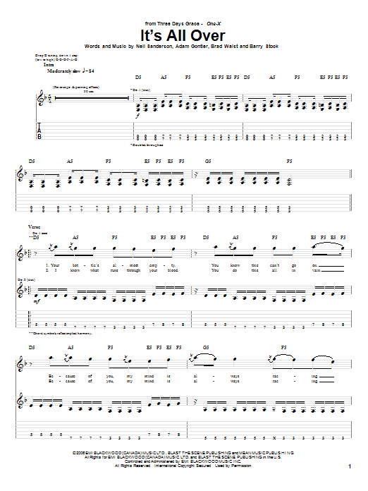 Three Days Grace It's All Over Sheet Music Notes & Chords for Guitar Tab - Download or Print PDF