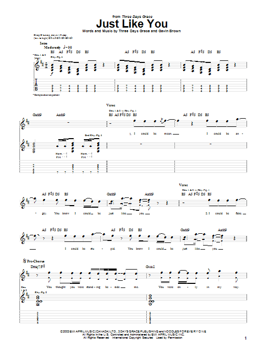 Three Days Grace Just Like You Sheet Music Notes & Chords for Easy Guitar Tab - Download or Print PDF