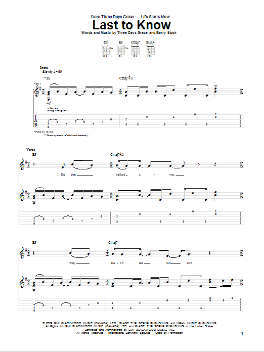 Three Days Grace Last To Know Sheet Music Notes & Chords for Guitar Tab - Download or Print PDF