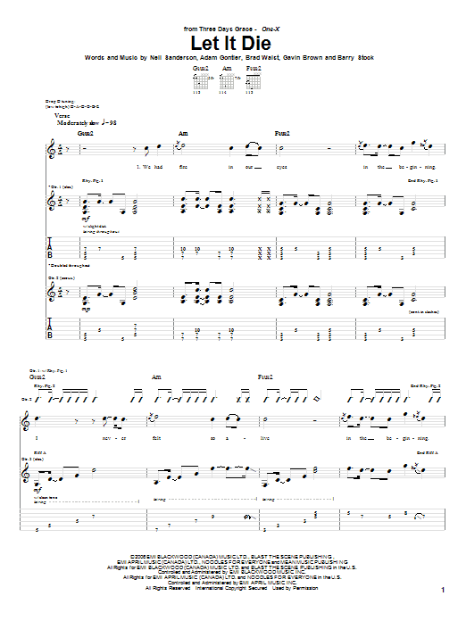 Three Days Grace Let It Die Sheet Music Notes & Chords for Guitar Tab - Download or Print PDF