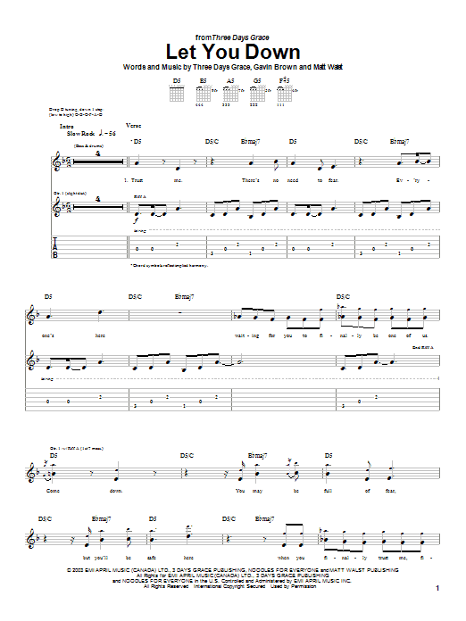 Three Days Grace Let You Down Sheet Music Notes & Chords for Guitar Tab - Download or Print PDF