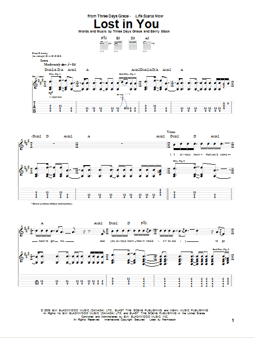 Three Days Grace Lost In You Sheet Music Notes & Chords for Guitar Tab - Download or Print PDF