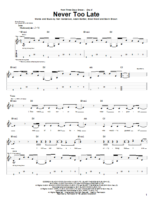 Three Days Grace Never Too Late Sheet Music Notes & Chords for Guitar Tab - Download or Print PDF