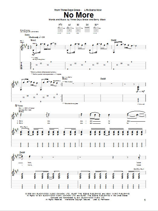 Three Days Grace No More Sheet Music Notes & Chords for Guitar Tab - Download or Print PDF