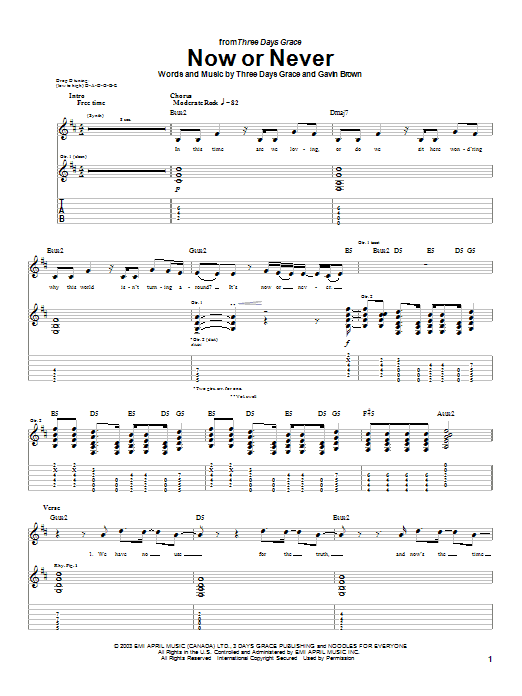 Three Days Grace Now Or Never Sheet Music Notes & Chords for Guitar Tab - Download or Print PDF