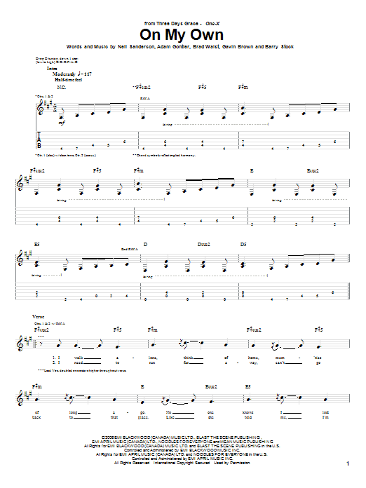 Three Days Grace On My Own Sheet Music Notes & Chords for Guitar Tab - Download or Print PDF