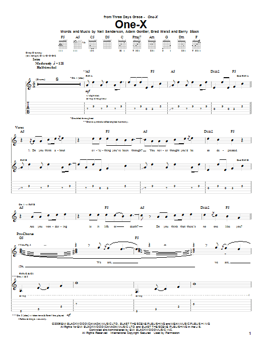 Three Days Grace One-X Sheet Music Notes & Chords for Guitar Tab - Download or Print PDF