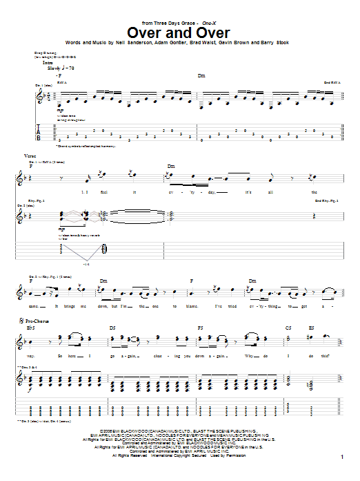 Three Days Grace Over And Over Sheet Music Notes & Chords for Guitar Tab - Download or Print PDF