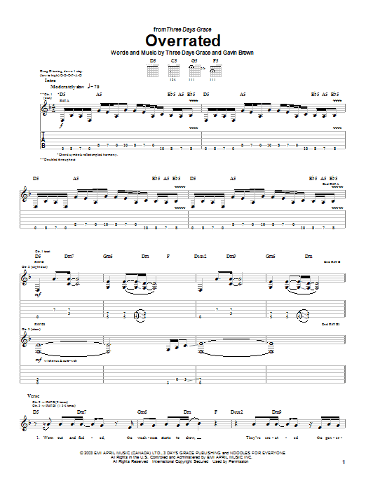 Three Days Grace Overrated Sheet Music Notes & Chords for Guitar Tab - Download or Print PDF