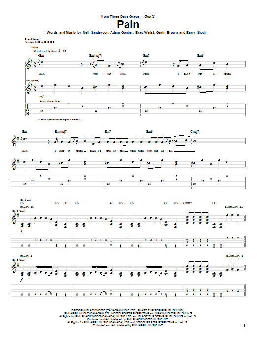 Three Days Grace Pain Sheet Music Notes & Chords for Guitar Tab - Download or Print PDF