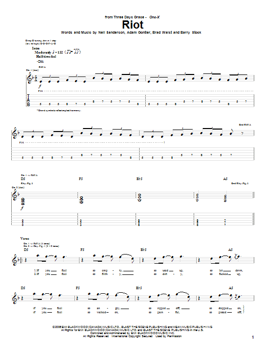 Three Days Grace Riot Sheet Music Notes & Chords for Guitar Tab Play-Along - Download or Print PDF