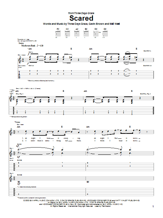 Three Days Grace Scared Sheet Music Notes & Chords for Guitar Tab - Download or Print PDF