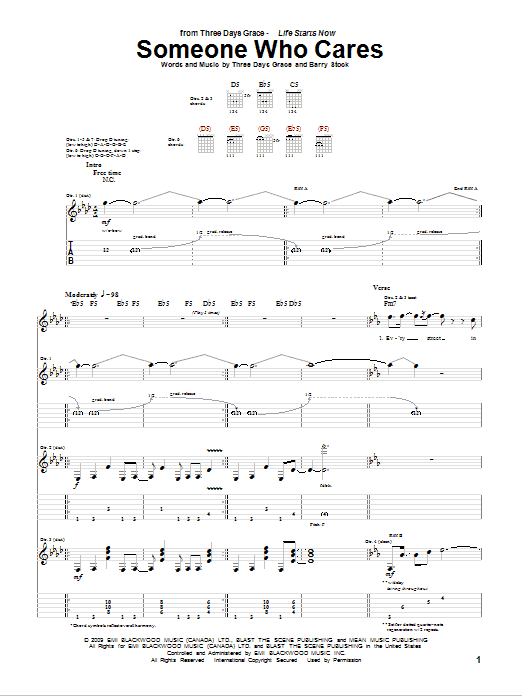 Three Days Grace Someone Who Cares Sheet Music Notes & Chords for Guitar Tab - Download or Print PDF