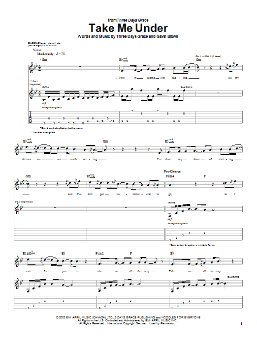 Three Days Grace Take Me Under Sheet Music Notes & Chords for Guitar Tab - Download or Print PDF