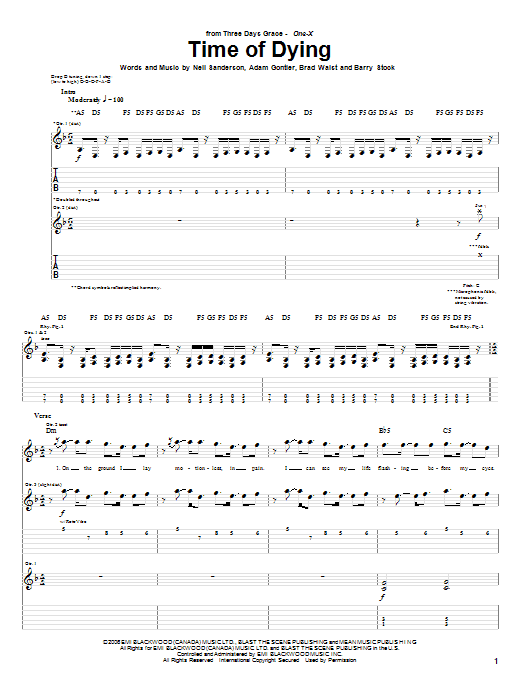 Three Days Grace Time Of Dying Sheet Music Notes & Chords for Guitar Tab - Download or Print PDF