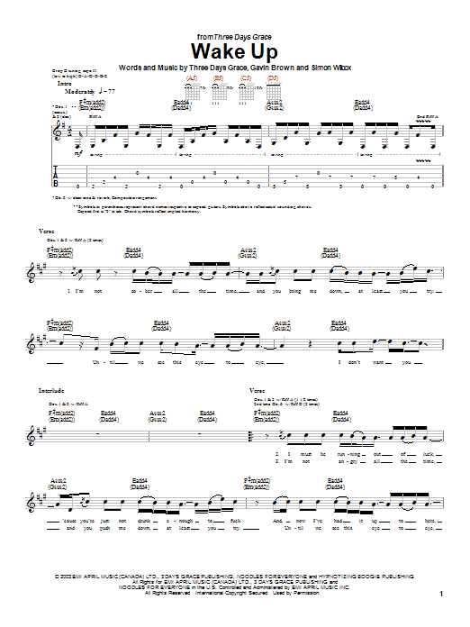 Three Days Grace Wake Up Sheet Music Notes & Chords for Guitar Tab - Download or Print PDF