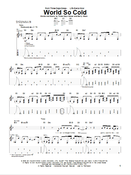 Three Days Grace World So Cold Sheet Music Notes & Chords for Guitar Tab - Download or Print PDF