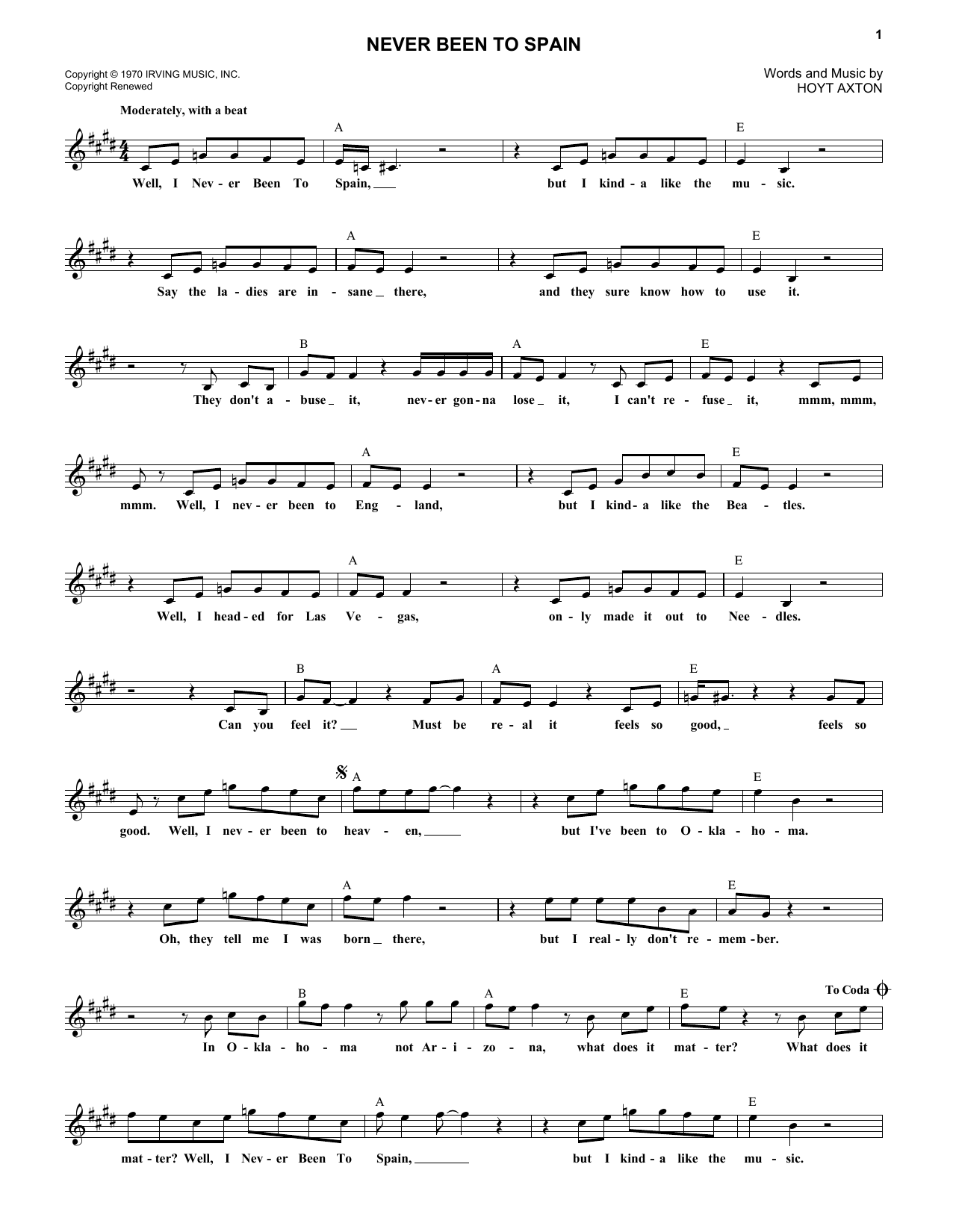 Three Dog Night Never Been To Spain Sheet Music Notes & Chords for Lead Sheet / Fake Book - Download or Print PDF