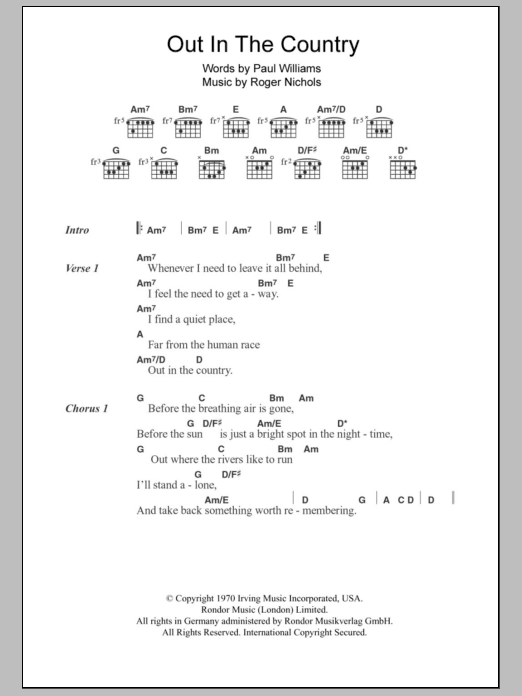 Three Dog Night Out In The Country Sheet Music Notes & Chords for Lyrics & Chords - Download or Print PDF