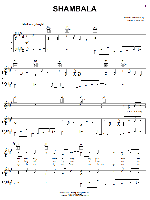 Three Dog Night Shambala Sheet Music Notes & Chords for Piano, Vocal & Guitar (Right-Hand Melody) - Download or Print PDF