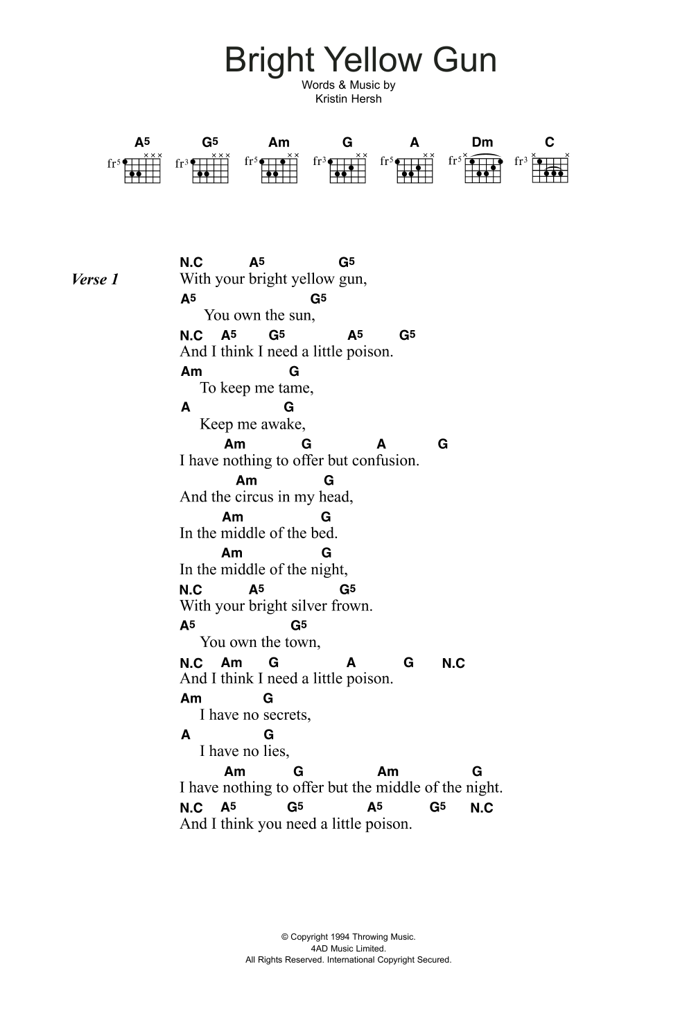 Throwing Muses Bright Yellow Gun Sheet Music Notes & Chords for Lyrics & Chords - Download or Print PDF