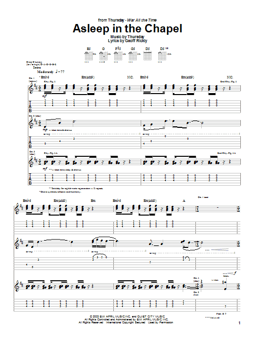 Thursday Asleep In The Chapel Sheet Music Notes & Chords for Guitar Tab - Download or Print PDF