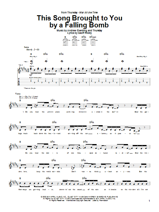 Thursday This Song Brought To You By A Falling Bomb Sheet Music Notes & Chords for Guitar Tab - Download or Print PDF