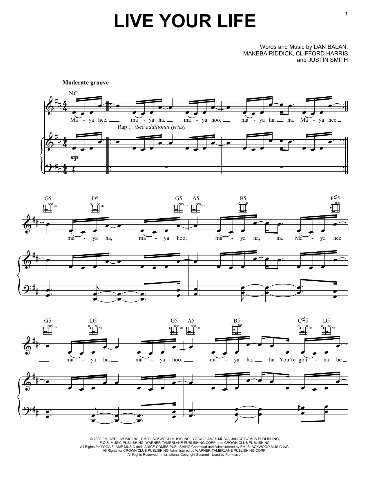 T.I. Live Your Life Sheet Music Notes & Chords for Piano, Vocal & Guitar (Right-Hand Melody) - Download or Print PDF