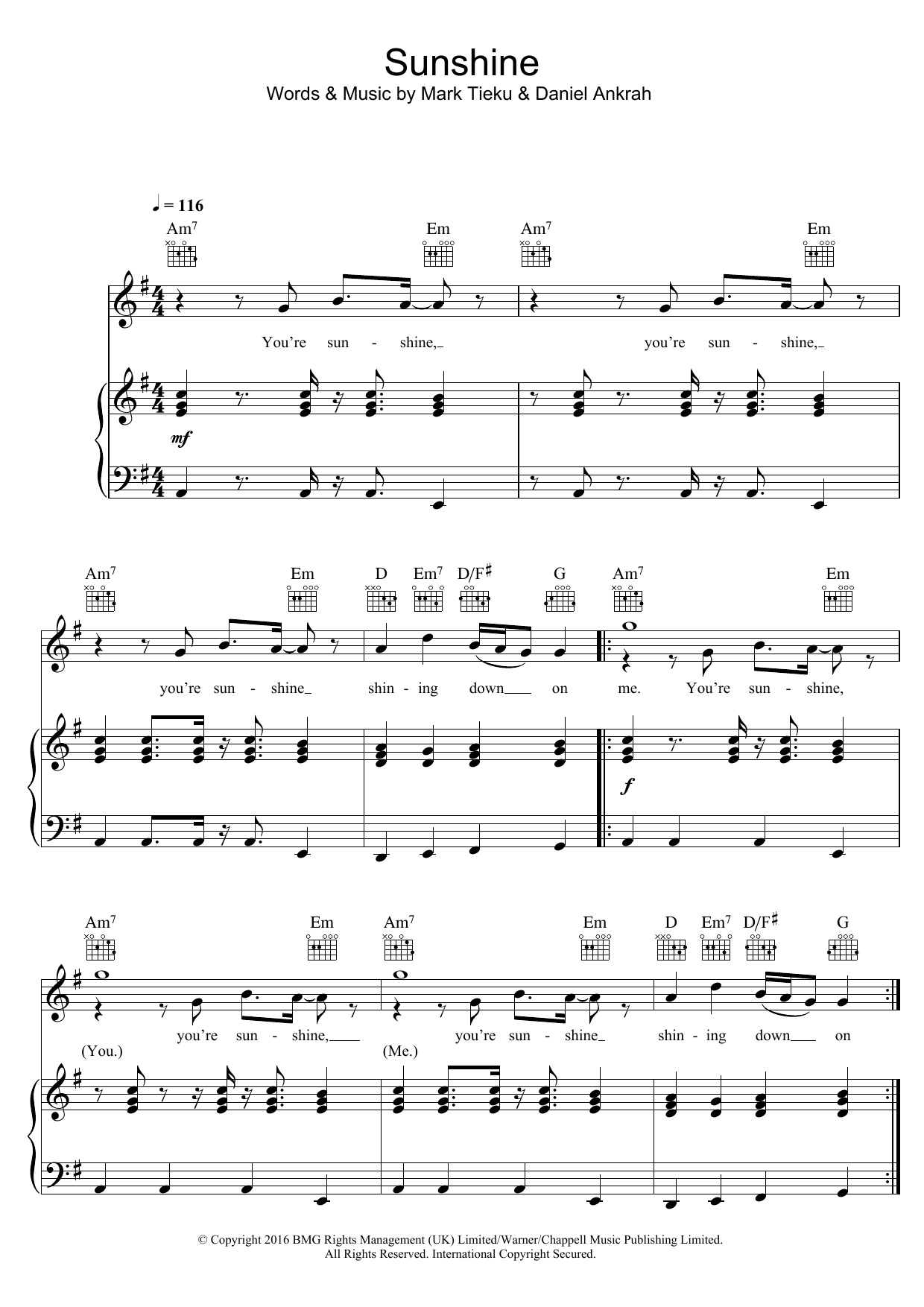 TIEKS Sunshine (featuring Dan Harkna) Sheet Music Notes & Chords for Piano, Vocal & Guitar (Right-Hand Melody) - Download or Print PDF